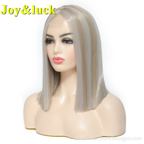 Purple Piano Wig for Women Middle Part Highlight Blonde Shoulder Length Short Bob Natural Straight Lace Front Synthetic WigS